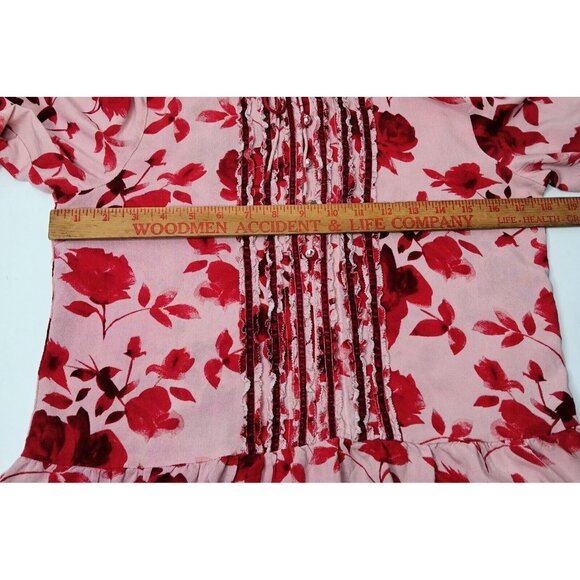 Matilda Jane XS Blouse Pink Floral Rayon Button Up Tie Neck Ruffled Long Sleeve - Picture 3 of 12